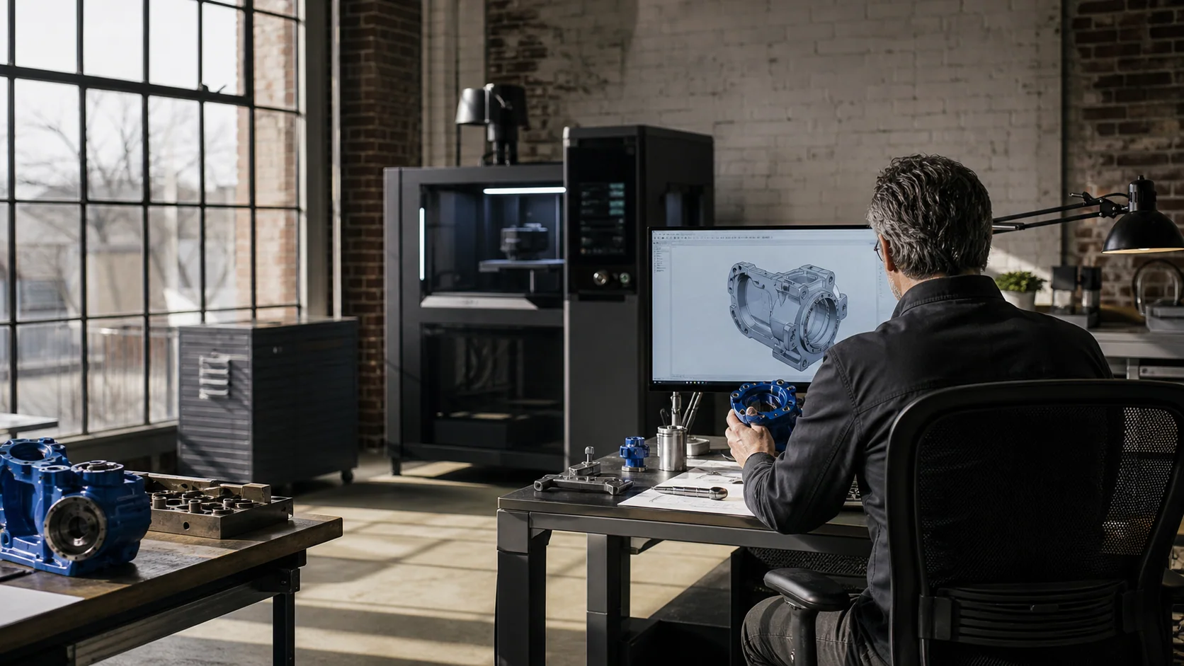 An experienced engineer reviewing a physical component and CAD model in a Detroit studio