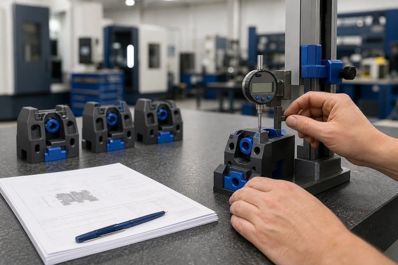 A custom production component undergoing precision inspection