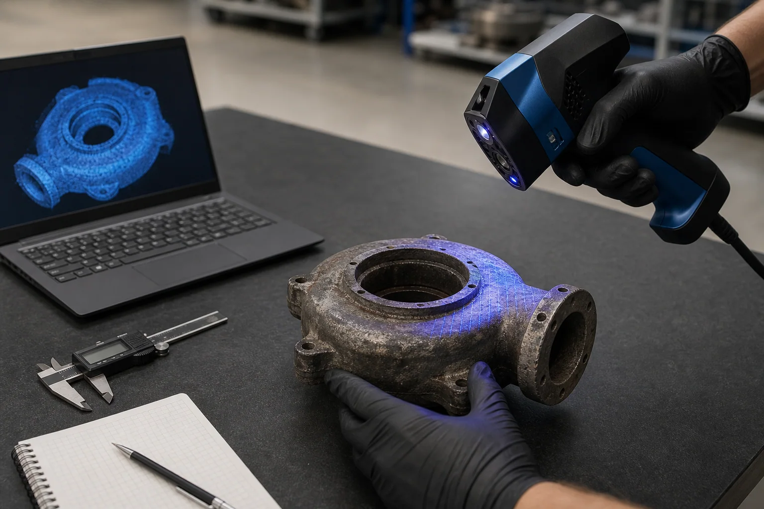 An obsolete pump housing being captured with a professional 3D scanner